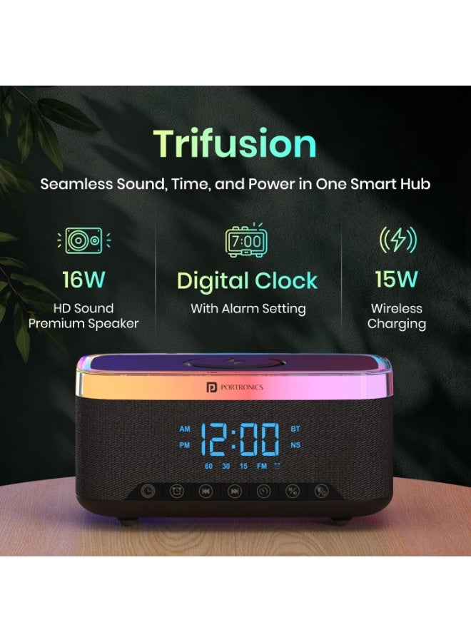 بورترونيكس Portronics Trifusion 16W HD Sound Bluetooth Speaker with 15W Wireless Charging, 360°RGB LED Lights, Digital Clock with Alarm Setting, Built-in White Noise, USB/SD Card/AUX in, Type C Charging(Black) - Image 2